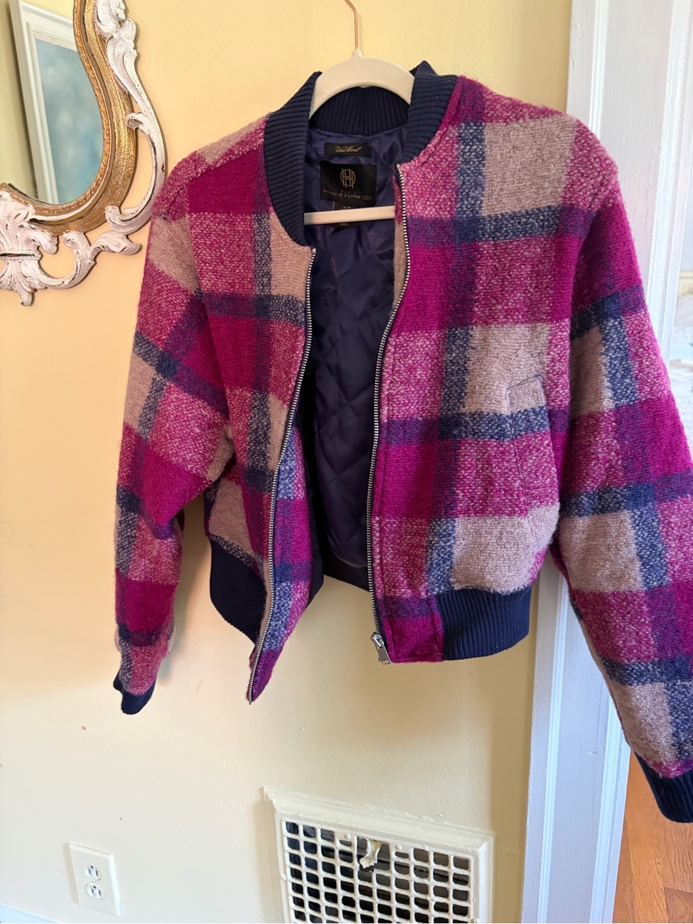House of Harlow 1960 Pink Plaid Bomber with Navy Trim